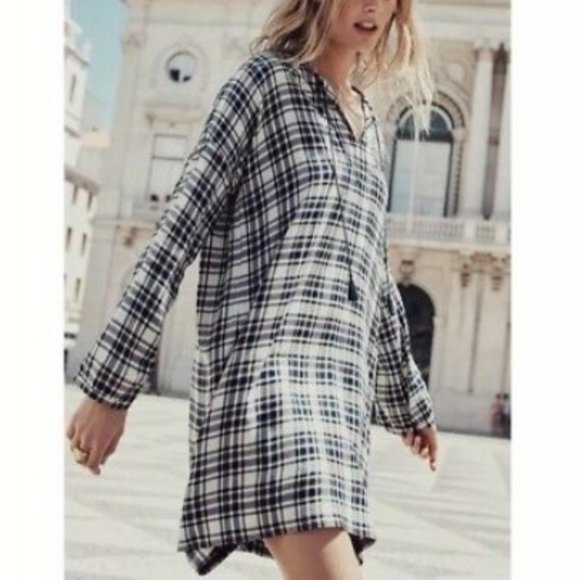Madewell Plaid Long Sleeve Shift Dress - White/Blue - XXS - Picture 2 of 6